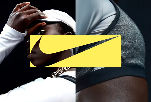 Nike Women campaign with bold yellow swoosh, photographic, minimal, vibrant