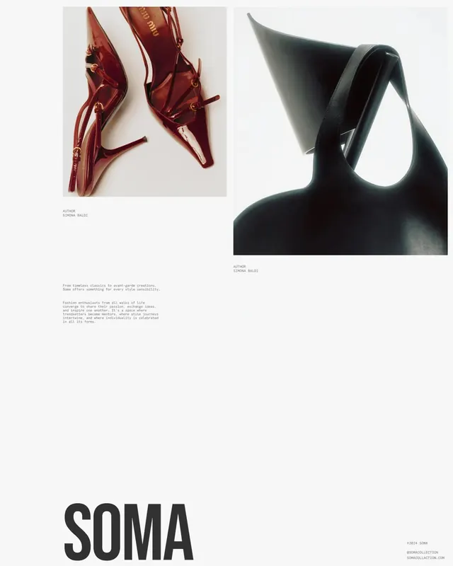 SOMA brand layout with luxury footwear product photography, photographic, minimal, light