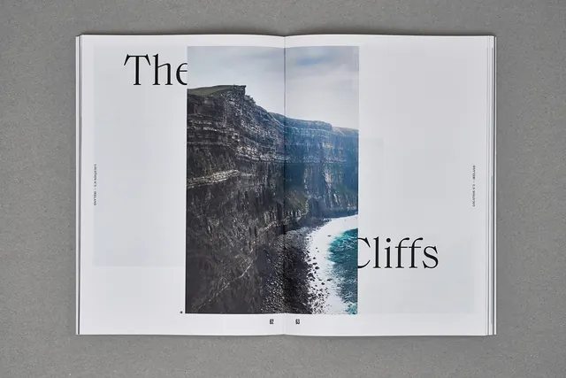Editorial spread "The Cliffs" with landscape photography, editorial, minimalist, light