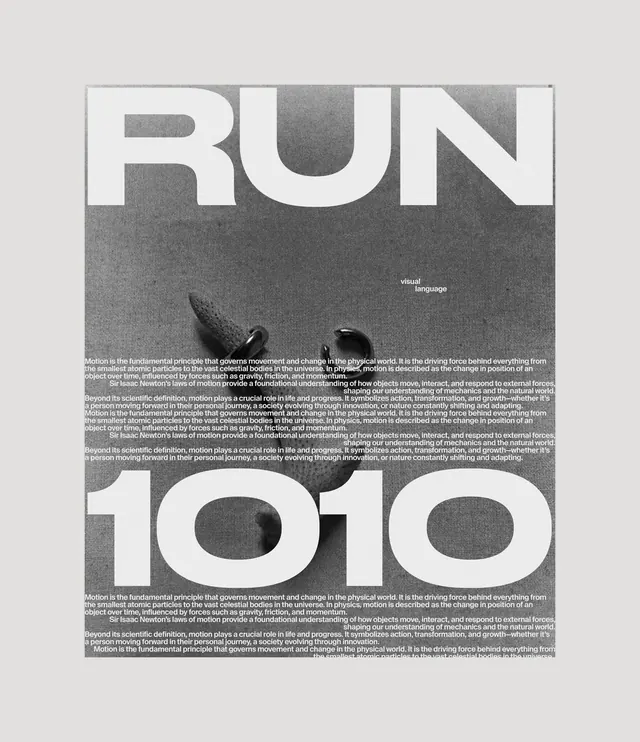 Run 1010 editorial poster with motion figure, editorial, monochrome, monochrome