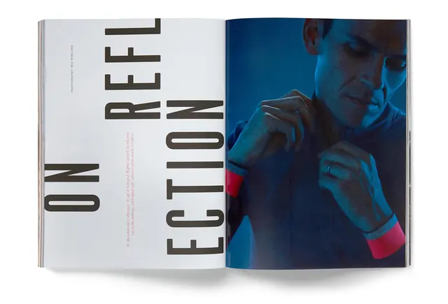 Editorial spread with split typography and portrait, editorial, photographic, cool
