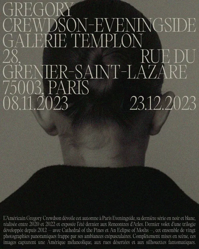 Gregory Crewdson exhibition poster, editorial, minimal, dark