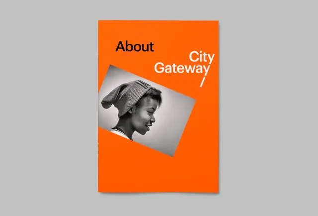 City Gateway editorial composition with tilted photo, editorial, geometric, vibrant