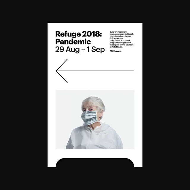 Refuge 2018 Pandemic event poster, editorial, minimal, dark