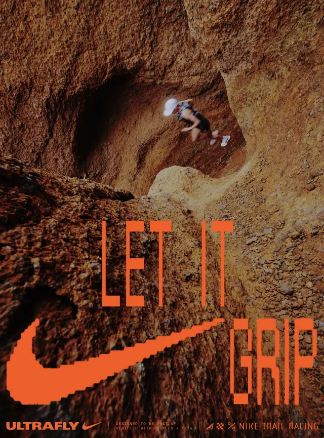Nike trail racing promotional poster, photographic, geometric, warm