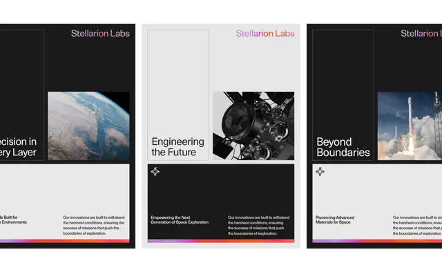 Minimal corporate-clean editorial spread, minimal, corporate-clean, dark