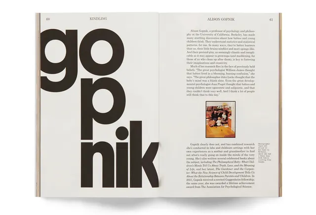 Book spread with oversized typography and biography, editorial, minimal, light