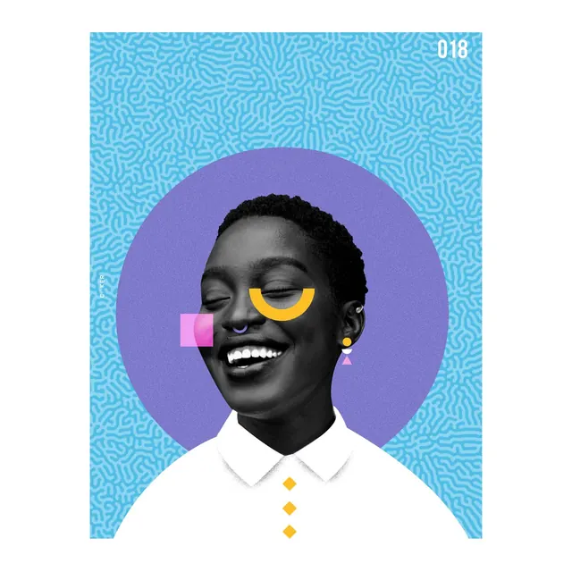 Joyful portrait with geometric overlay design, illustrated, geometric, vibrant
