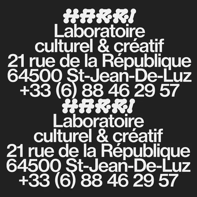 Harki cultural laboratory branding with playful symbol and French address, minimal, geometric, monochrome