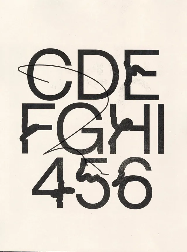Typographic poster with overlapping lines and geometric forms, minimal, geometric, monochrome