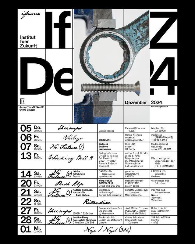 Grid-based event calendar poster, swiss, minimal, monochrome