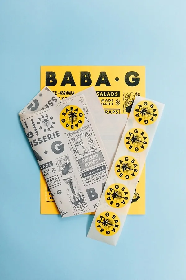 Baba G food branding and packaging, playful, minimal, vibrant