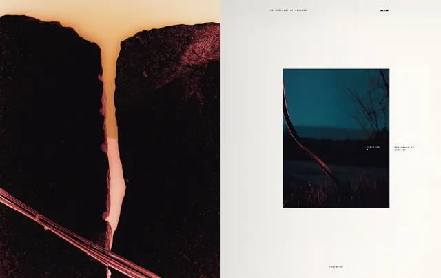 Footnote No.2 publication spread with landscape imagery, editorial, photographic, dark