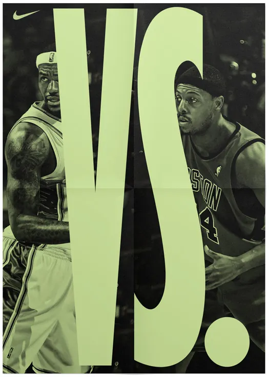 Nike basketball advertising with large typography, photographic, bold, dark