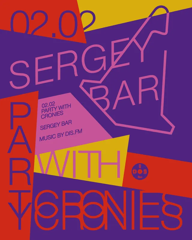 Sergey Bar event poster neon typography, bold, playful, vibrant