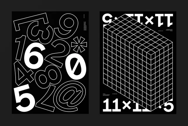 Geometric typography poster diptych with grid, geometric, technical, monochrome