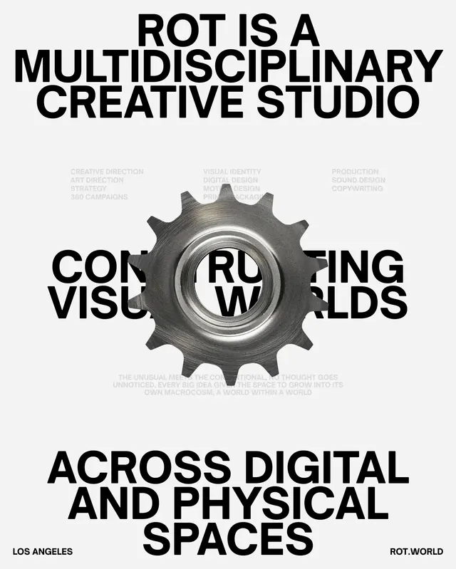 ROT studio brand poster with gear icon, minimal, monochrome, light