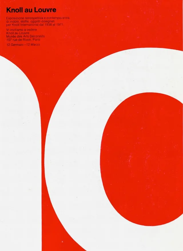 Red and white geometric exhibition poster "Knoll au Louvre, minimal, swiss, high-contrast