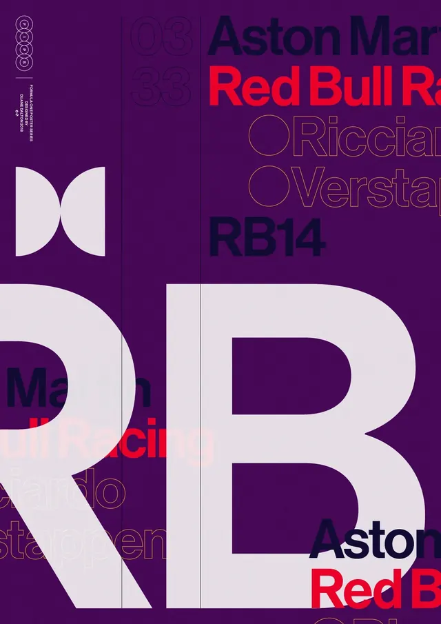 Formula One poster with Aston Martin Red Bull Racing typography, editorial, geometric, vibrant