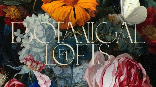 Botanical still life with elegant serif headline, editorial, photographic, warm