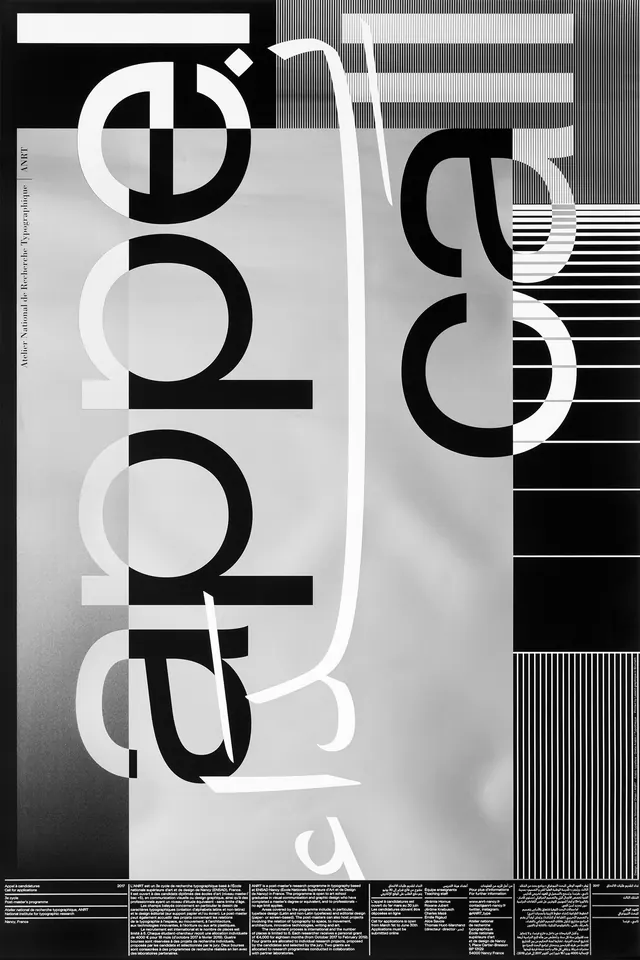 Experimental geometric poster with overlapping typography, editorial, geometric, monochrome