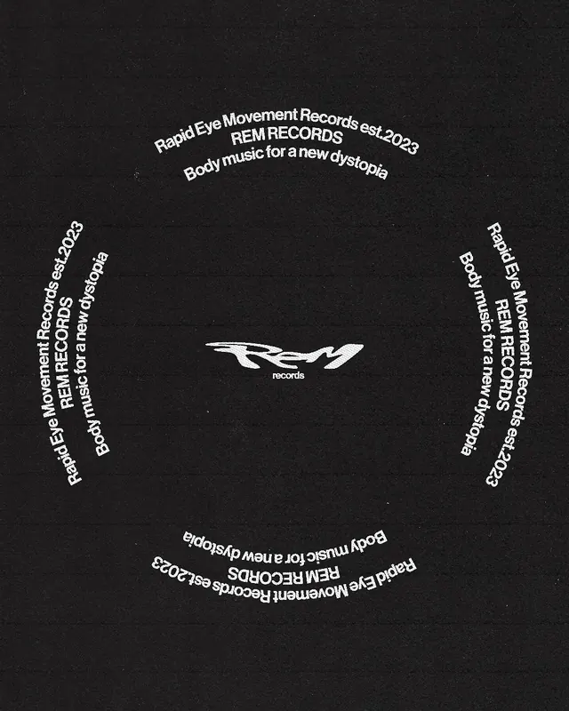 REM Records music label circular text composition, minimalist, monochrome, dark