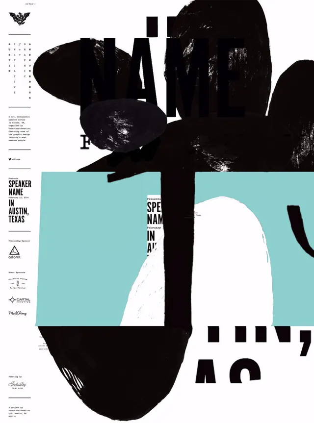 Event poster with fragmented imagery, editorial, geometric, monochrome