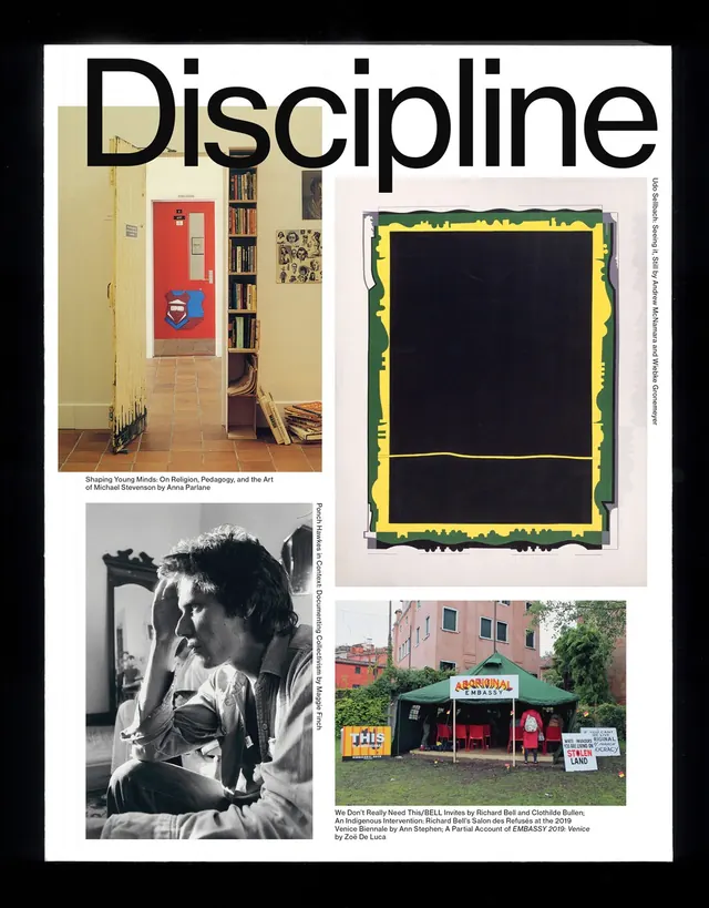 Discipline magazine cover layout, editorial, minimalist, dark