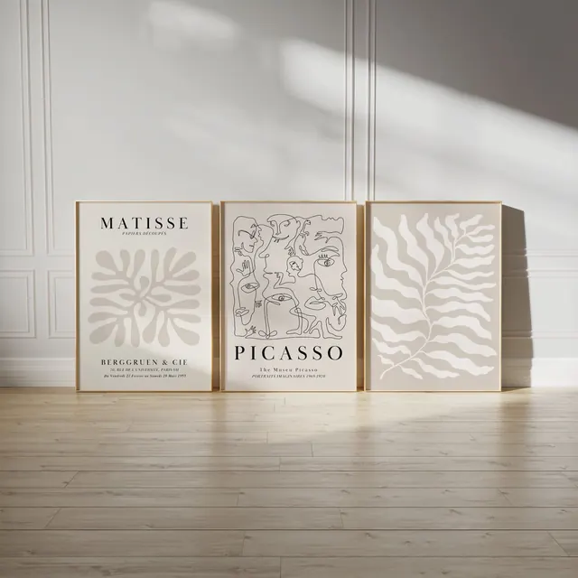 Neutral Gallery Wall Set of 3 Henry Matisse Prints Picasso Print Set Beige Matisse Poster Set Neutral Wall Art Set Digital Download Prints, minimal, editorial, light
