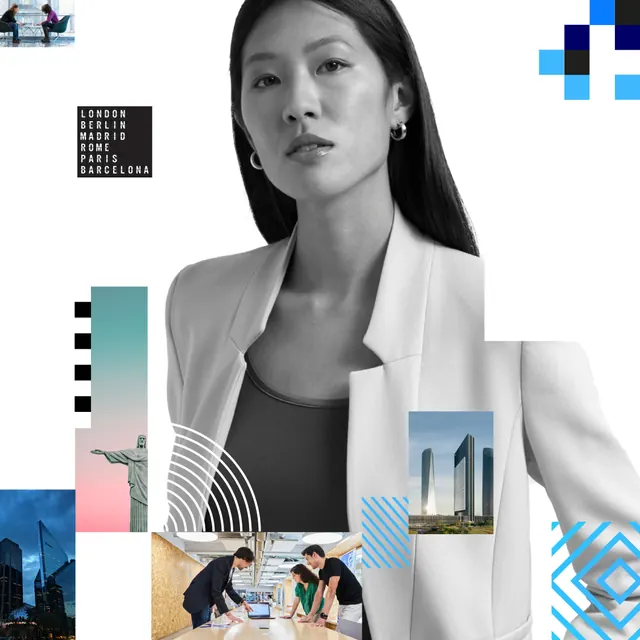 Global corporate collage editorial with portrait, architecture, and pixel graphics, editorial, corporate-clean, light