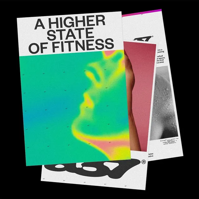 Fitness brand magazine spread with heatmap, editorial, gradient-heavy, vibrant