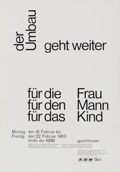 Swiss poster der Umbau geht weiter 1963, swiss, minimal, light