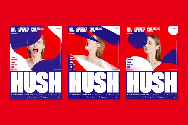 Hush beach concert poster triptych, minimal, editorial, vibrant