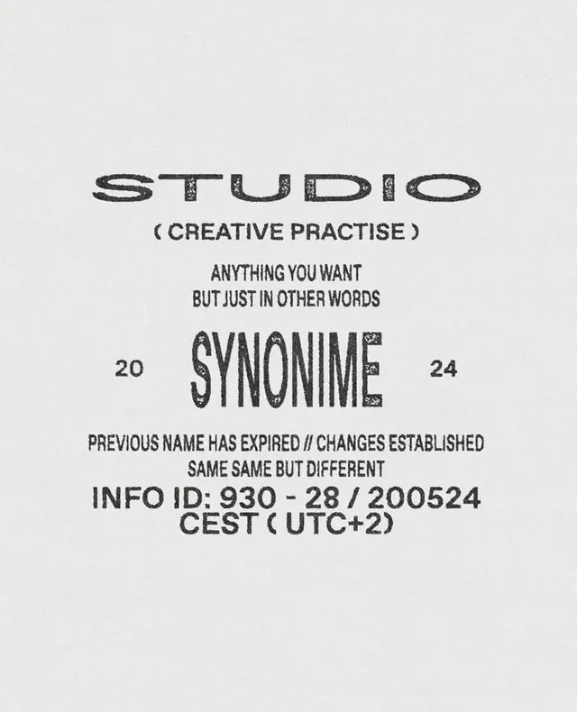 Synonime studio announcement poster, minimal, editorial, light