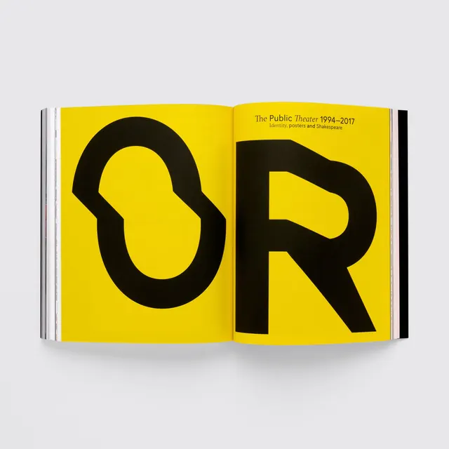 Paula Scher OR book spread with bold typography, editorial, minimal, vibrant