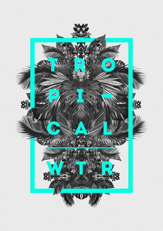 Tropical WTR typographic poster with leaf collage, minimal, editorial, monochrome