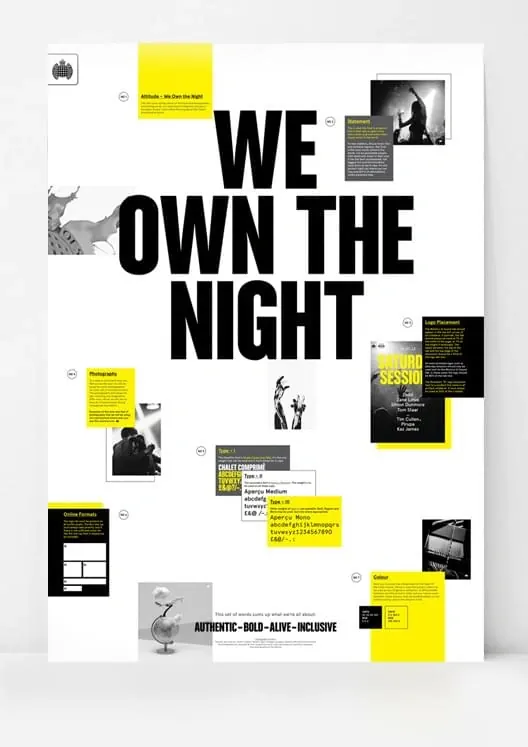 We Own The Night event brand poster, maximalist, editorial, light