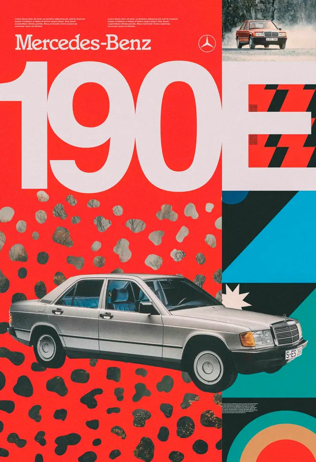 Mercedes-Benz 190E collage poster, editorial, geometric, vibrant