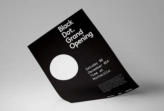 Black Dot Grand Opening poster, minimal, monochrome, dark