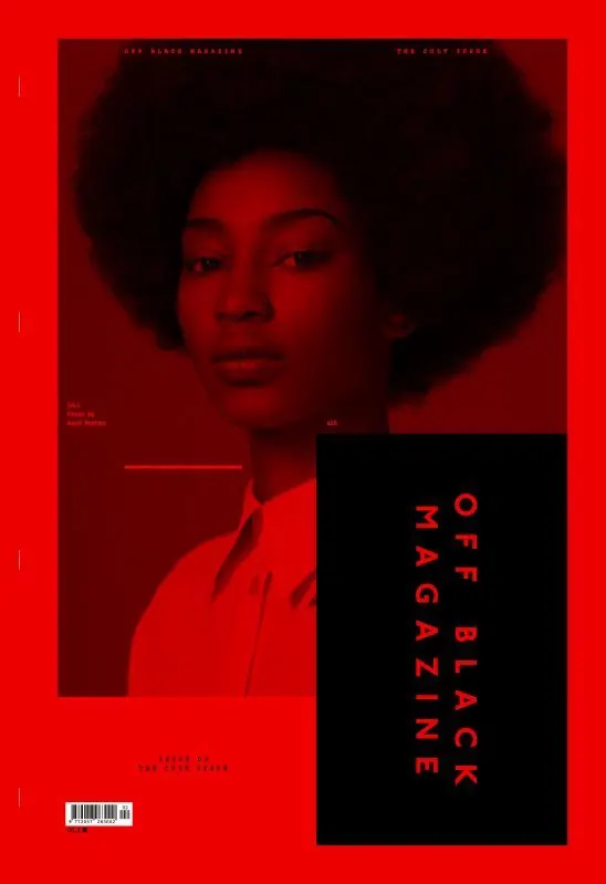 Red-toned magazine cover with afro portrait, editorial, bold, vibrant