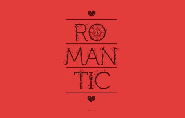 Ornamental "ROMANTIC" typographic poster on red, editorial, retro, vibrant