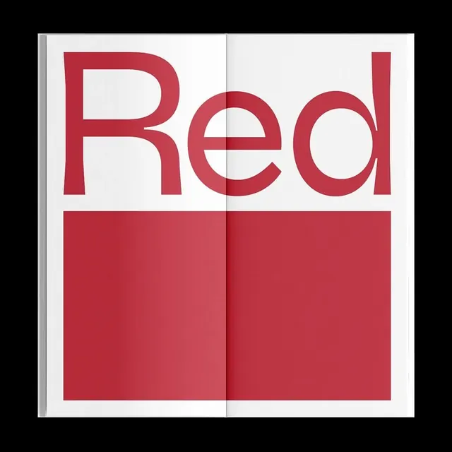 Bold red typography on divided canvas, editorial, minimal, dark