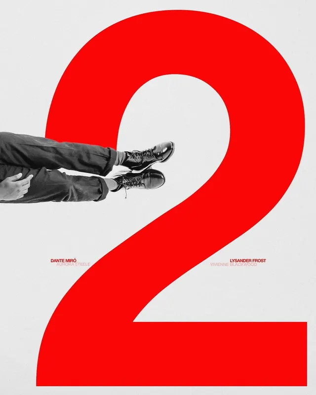 Red numeral 2 poster with legs, bold, editorial, vibrant