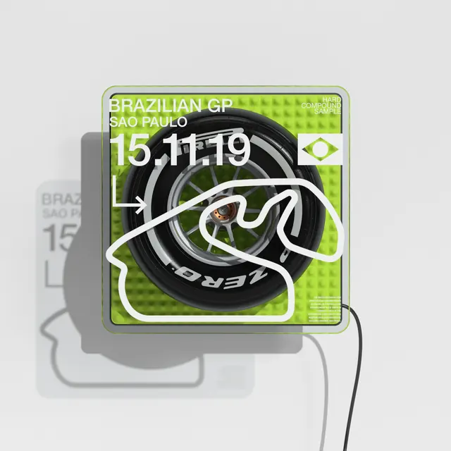 Brazilian GP tire and event poster, gradient-heavy, photographic, light