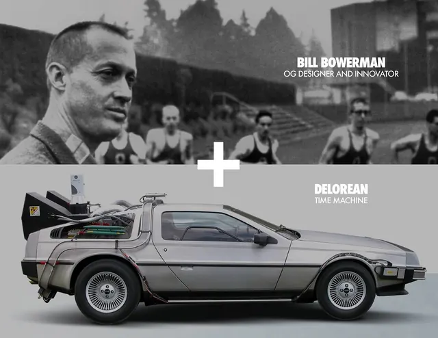 Bowerman and DeLorean split poster, minimal, editorial, dark