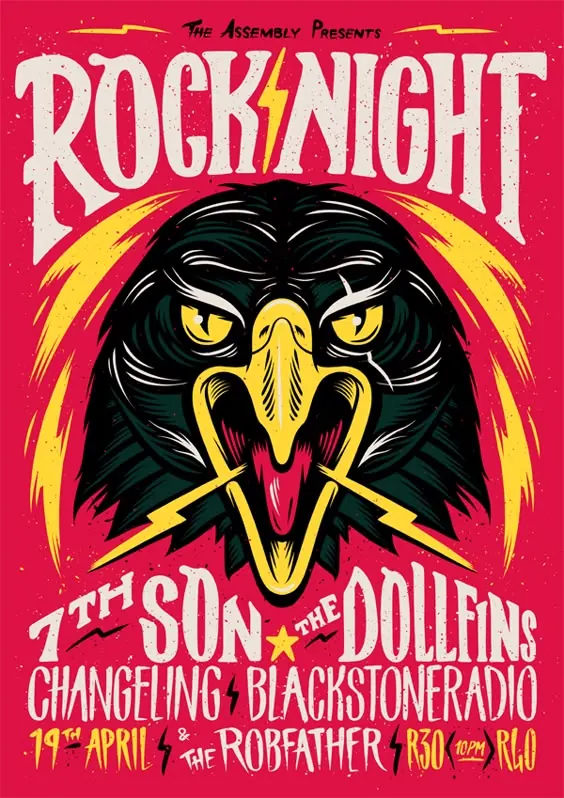 Rock Night eagle poster, illustrated, bold, vibrant
