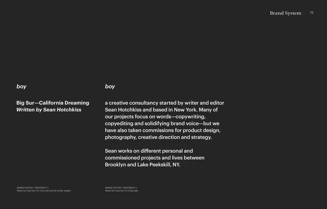 Boy brand system page spread, minimal, editorial, dark