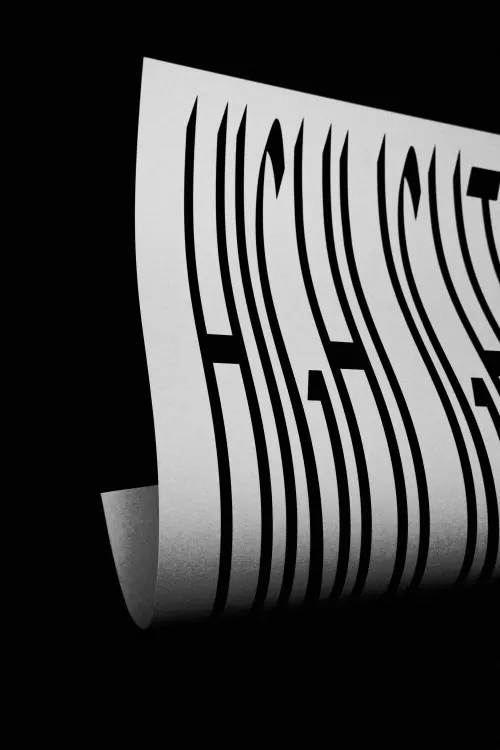 High contrast cut paper typography, minimal, editorial, dark