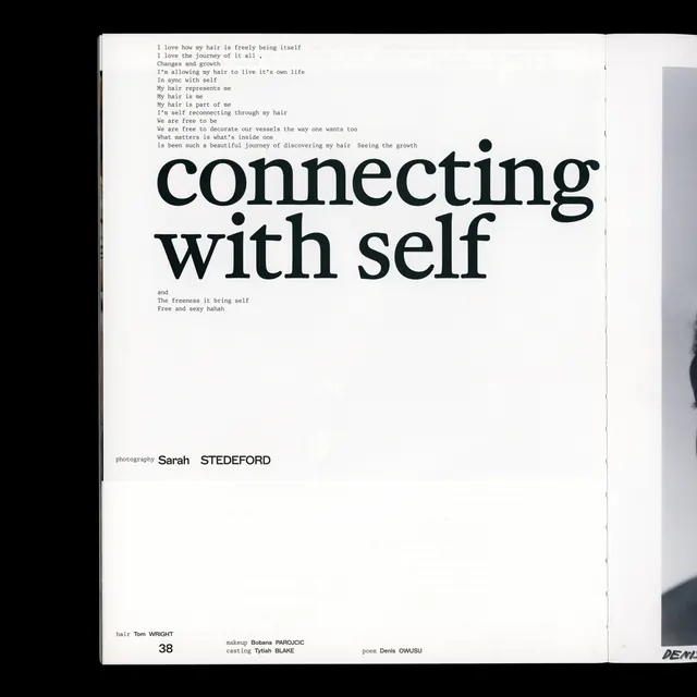 Book spread with connecting with self, editorial, minimal, dark