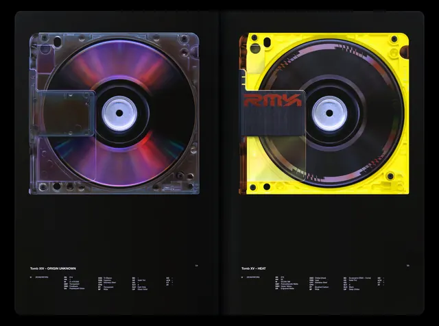 Tomb Index optical disc spread, technical, dark-mode, dark